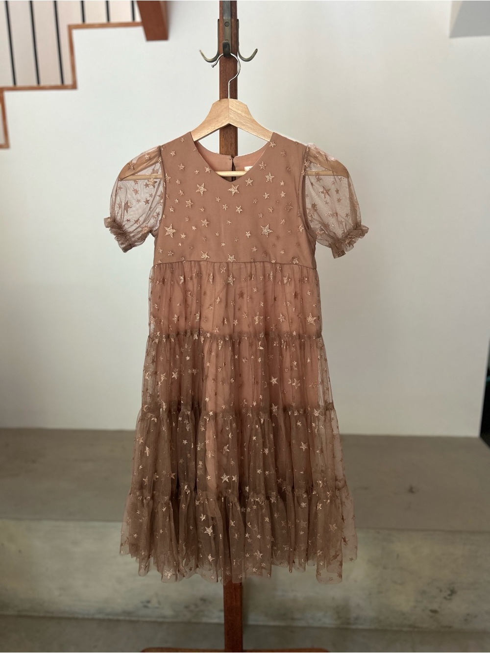 Kids’ Brown Star-Embroidered Tulle Party Dress